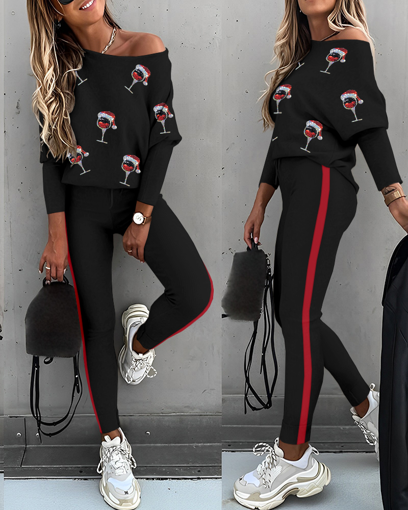2 Piece Christmas Wine Glass Pattern Contrast Sequin Top Casual Pants Tracksuit Set