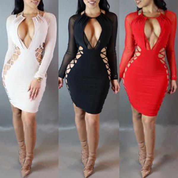 Plataz Women's Deep V Sexy Waist Tight Long-Sleeved Tidew Dress DJPT main image 1