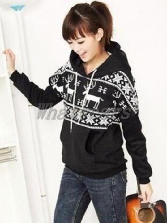 Korean Women's Long Sleeve Deer Snowflake Printed Hoodies Warm Pullovers Outwear