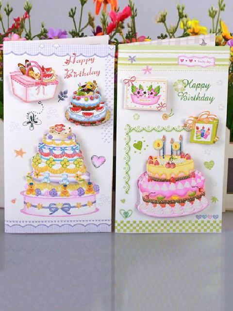 Regalos de la torta de cumpleaños tarjetas de felicitación Tarjetas plegables Postales mejores deseos a los regalos de los amigos (enviar por al azar)