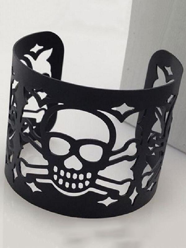 Tíska Unisex málm armband Hollow-Out höfuðkúpa Breið pönk stíl armband Skartgripir