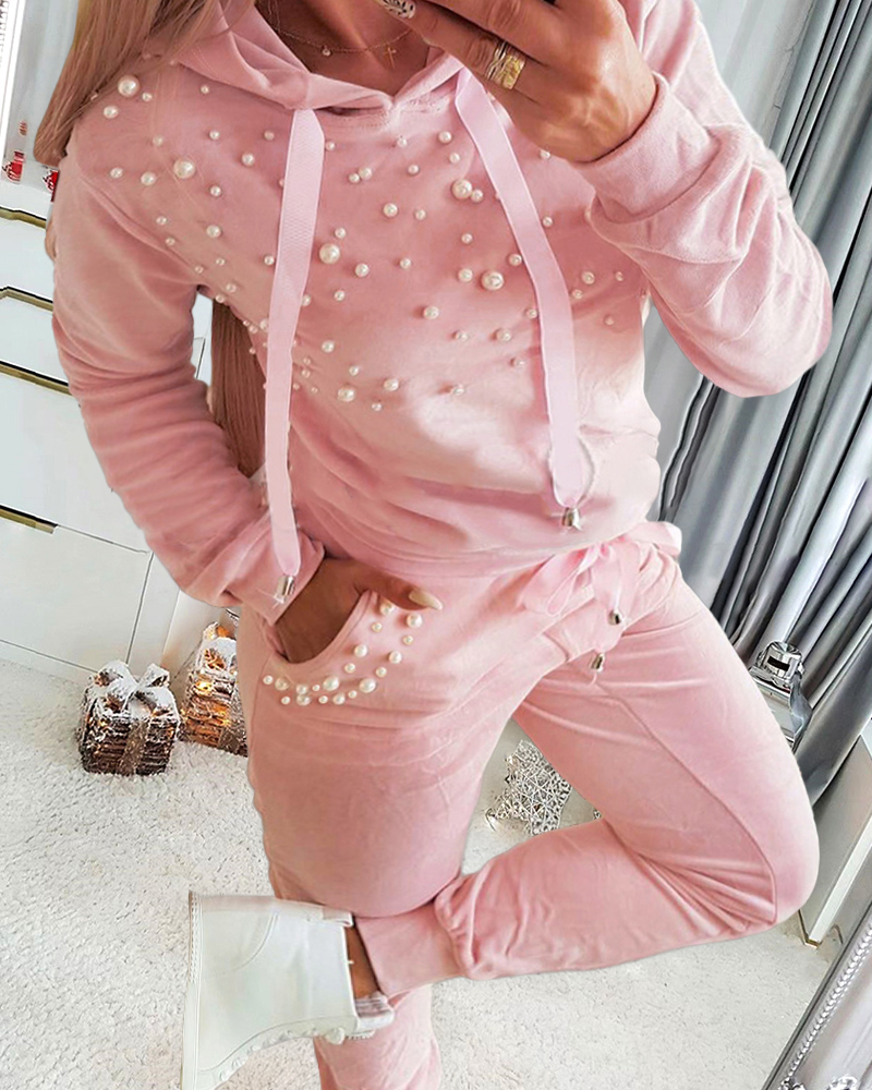 2 Piece Outfit Plus Size Plain Long Sleeve Hooded Suit Set with Beaded Details Casual Drawstring Waist Pants with Pockets