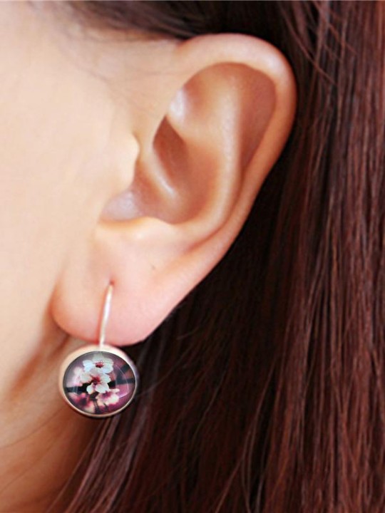 1Pair Plum Blossom Flowers Earring Silver Plated French Lever Back Glass Cabochon Copper Earring 16X28mm High Quality Brand