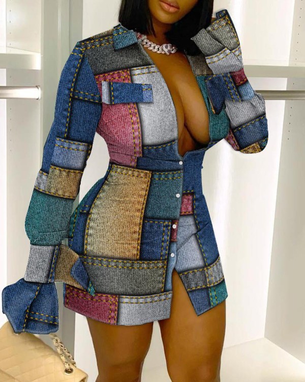 Denim Look Print Long Sleeve Button Down Shirt Dress