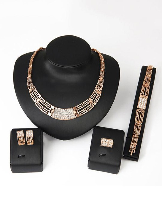 Gold Plated Vintage Braut Hochzeit Modeschmuck Halskette Ohrring Armband Ring Set Geschenke Schmuck Zubehör