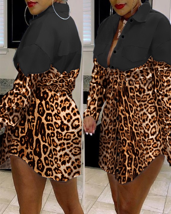 Leopard Print Colorblock Button Denim Patch Shirt Dress