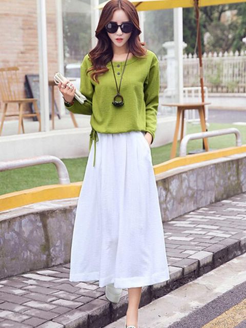Women's Fashion Art Retro Signature Cotton Suit Sets 2 Pieces Long Sleeve Blouse + Long Skirt