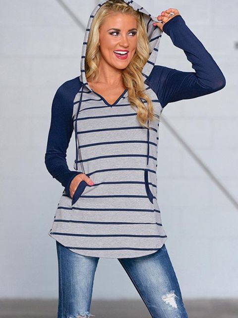 Femmes Automne Hiver À Manches Longues Manteau À Capuche À Rayures Sweats À Capuche