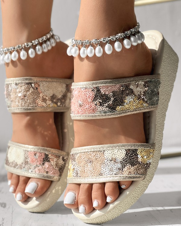 Floral Pattern Contrast Sequin Wedge Sandals