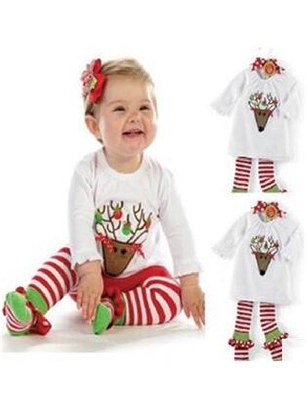 Christmas Girls Baby Cartoon Deer Top Half Sleeve Deer Pants Suit Lasten joulupuku