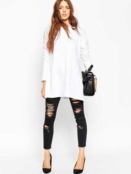 Lado das mulheres Dividir Tripulação Pescoço Branco T-shirt Blusa de Manga Longa Plus Size Solto Casual Tops Pulôveres