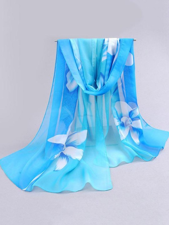 New Women's Autumn Winter Bright Flowers Printed Wild Chiffon Warm Scarves Shawl Blue Gradient Long Cappa