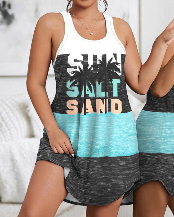 Plus Size Sun Salt Sand Coconut Tree Print Colorblock Sleep Dress