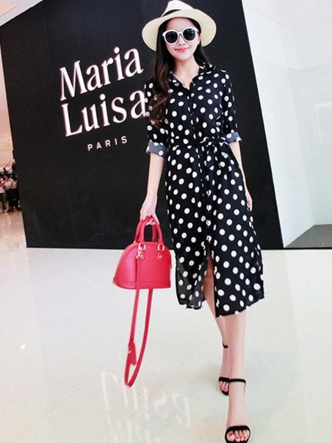 Nueva moda para mujer blanco negro lunares vestidos Sexy gasa suelta Split camisas de manga larga vestido