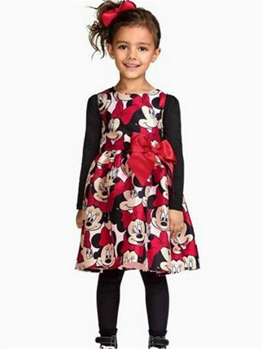 Bebê Meninas Verão Crianças Dos Desenhos Animados de Algodão Micky Minnie Mouse Impressão Bowknot Crianças Vestido Sem Mangas