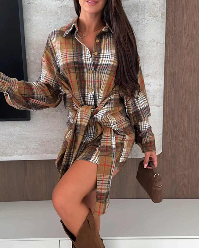 Robe chemise à carreaux à manches longues avec col rabattu, mini-robe décontractée à taille nouée