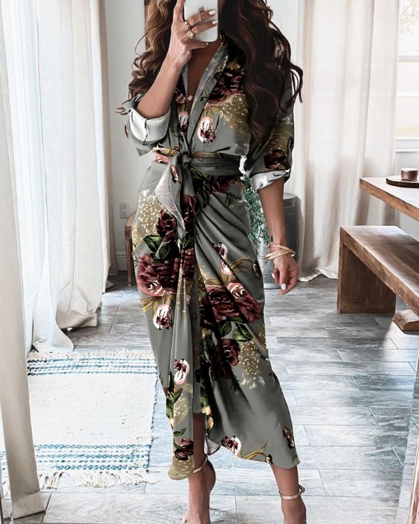 Scarf Print Buttoned Belted Shirt Dress