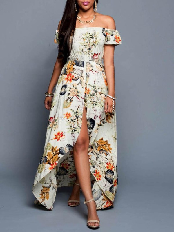 Muoti naisten seksikäs Slash Neck Leaf Print Maxi mekko olkapäästä pitkä mekko lyhyillä housuilla