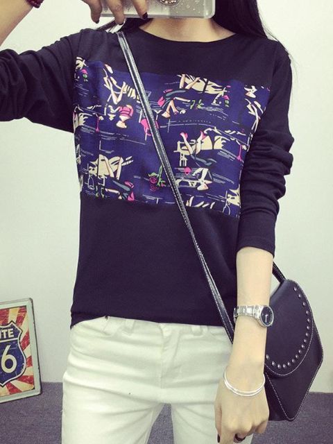 Mode Höst Kvinnor Abstrakt Print Bodycon Sweatshirt i plusstorlek Trendig avslappnad O-ringning Lösa toppar och T-shirts