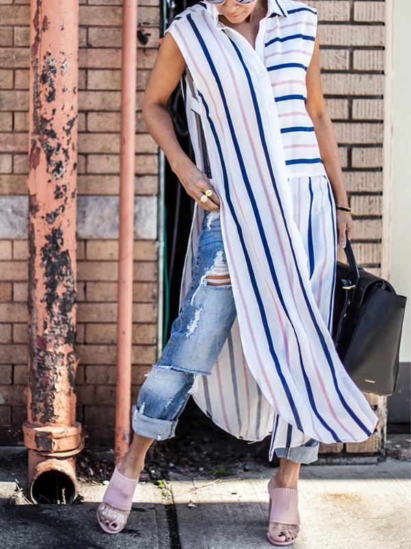 Belted Pinstripe Asymmetric Blouse