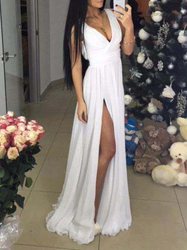 Kvinnors sexiga V-ringning Maxiklänning Sidosplit Ärmlös Golvlång Casual klänning Beach Holiday Dress