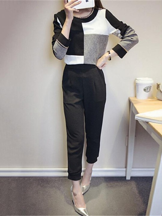 Kvindemode Afslappet stil Dragtsæt 2 stykker Plaid sweaterbluse + Harembukser