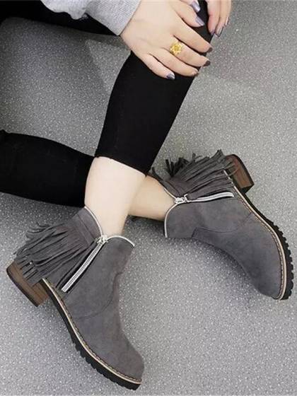 Otoño Invierno Estilo Británico Nueva Moda Botines de ante con flecos Tassles Martin Boots Cremallera lateral Botines con flecos en el bajo talón