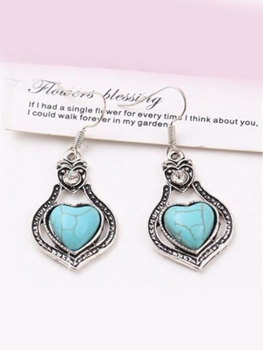 Semestergåvor högkvalitativ Retro Rhinestone Retro Turkos Heart Drop örhängen Smycken för kvinna