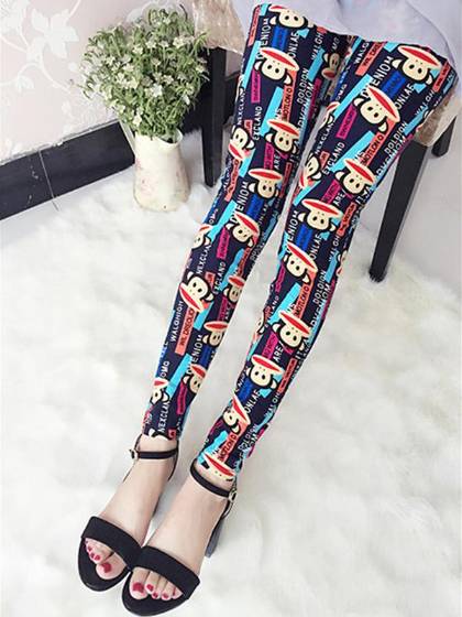 Autumn Elastic Colorful Cartoon Dots Scrawl Leggings Mid Knitted Fashion Print Thickened Letter Print Mouth Monkey Warm Skinny Pants