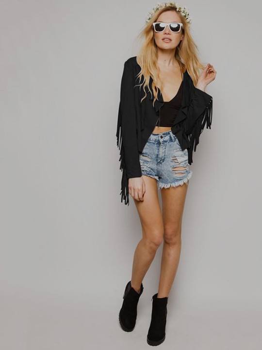 Cardigan à franges asymétrique en faux suède à la mode