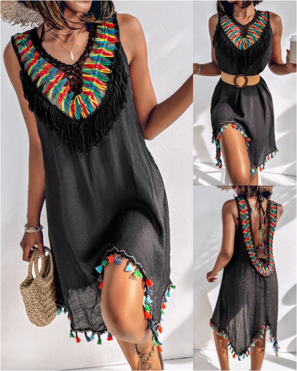 Colorblock Knit V-Neck Sleeveless Cover Ups Casual Backless Lace-up Tassel Hem Midi Dress