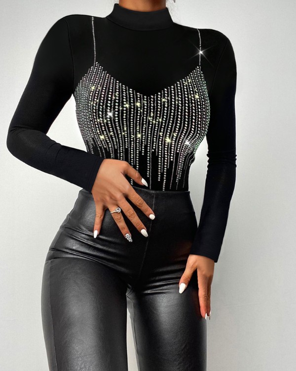 Rhinestone Decor Mock Neck Long Sleeve Tee Slim Fit Hollow-out Back Top