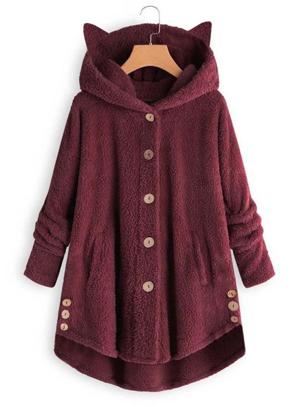 Long Sleeve Hooded Buttons Pockets Parkas Coats 