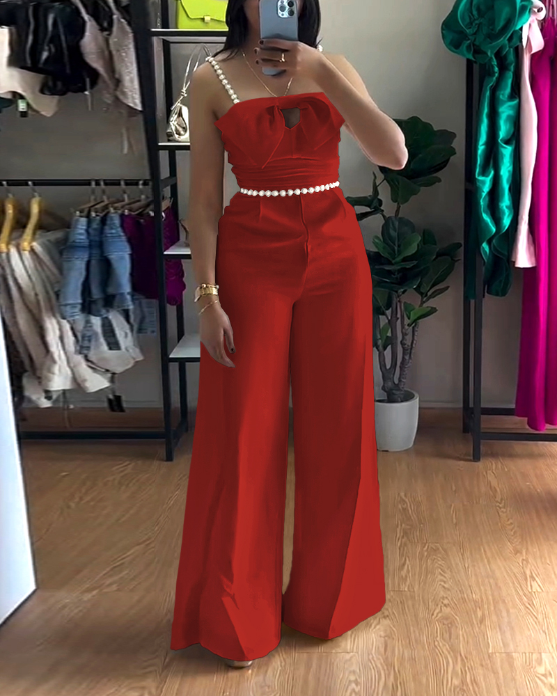 Bowknot Decor Beaded Spaghetti Strap Hollow-out Jumpsuit Casual Cinched Waist Peated Front Wide Leg Jumpsuit