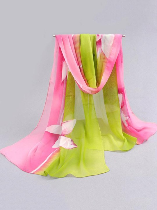 Nouvelles femmes automne hiver fleurs lumineuses imprimées en mousseline de soie sauvage écharpes chaudes châle rose et vert dégradé long cappa