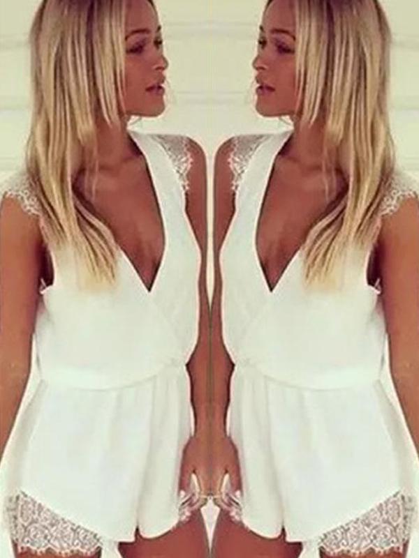 Verão das mulheres sem mangas de renda Costura V profundo Chiffon Tops Shorts quentes Macacão / Jumpsuit