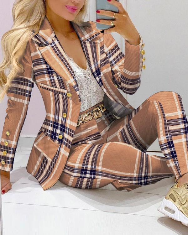 Plaid Print Lapel Collar Double Breasted Blazer & Tailored Pants Set