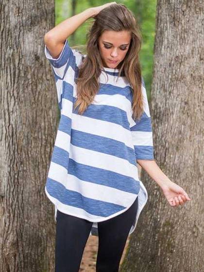 Damenmode plus Größe dünne beiläufige dunkelblaue Streifen Print Tops T-Shirt Basic Bluse