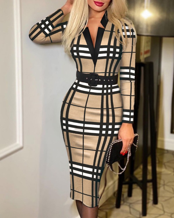 Plaid Print Long Sleeve Belted Work Dress