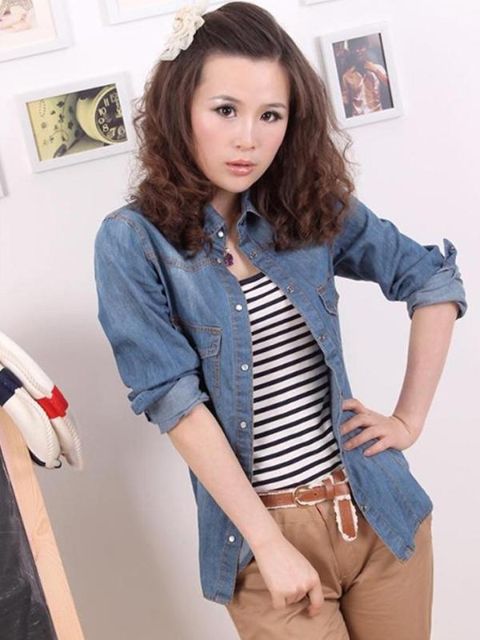 Mulheres Camisas Jeans Lavadas Camisas OL Manga Comprida Tops Botão Denim Para Baixo Blusa