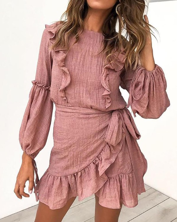 Lantern Sleeve Ruffles Frill Hem Casual Dress