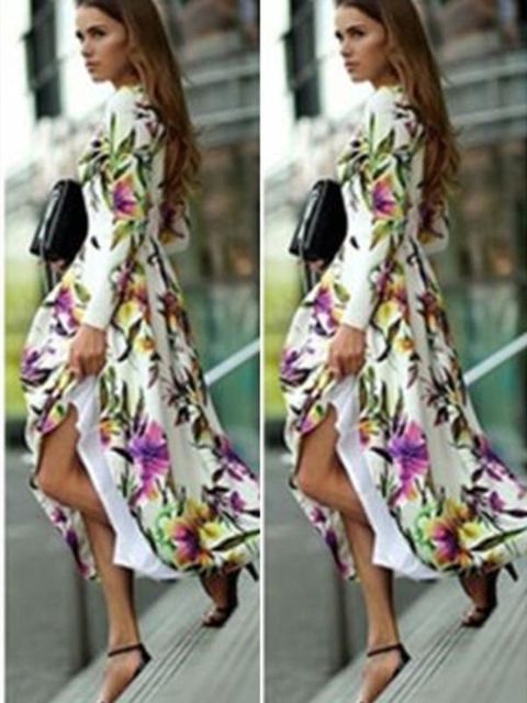 Kvinders sexede blomstermønster Langærmet slank afslappet maxikjole