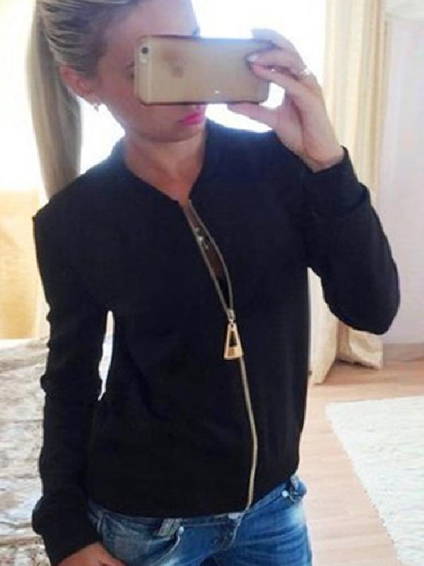 Fashion Woman's Autumn Solid Long Sleeve Round Neck Over Size Outwear Zipper Sweatshirts Jacket Tops