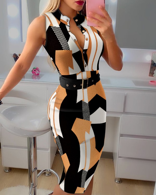 Geometric Colorblock Prjóna Ermalaus hnappur Hönnun grannur kjóll með belti