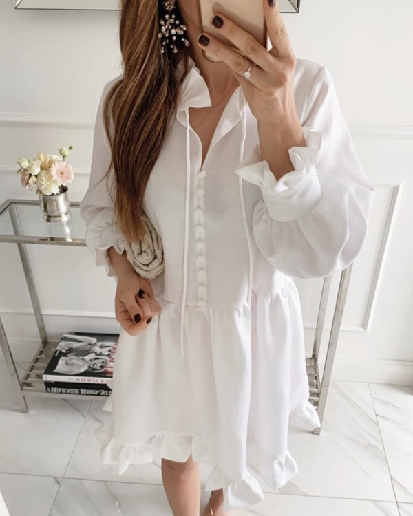 Button Front Ruffles Lantern Sleeve Casual Dress