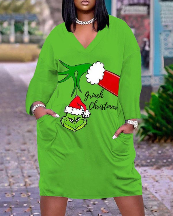 Plus Size Grinch Stola Freizeitkleid mit Weihnachtsdruck