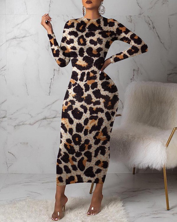 Round Neck Abstract Leopard Print Bodycon Dress