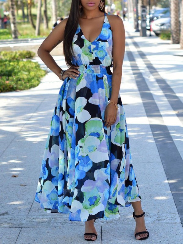 Kesä Boho-tyyliin sidottu riimu Maxi-mekko Hihaton Split Backless Cassual Beachwear -mekko