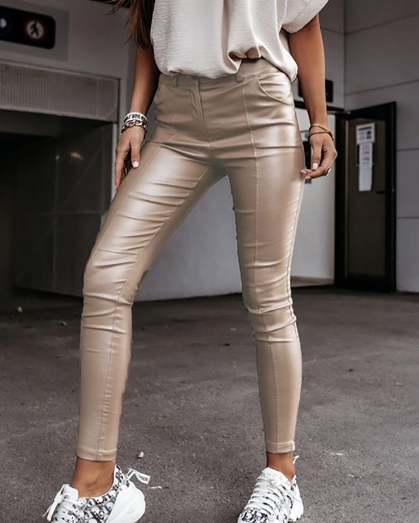 PU Leather High Waist Pocket Design Pants