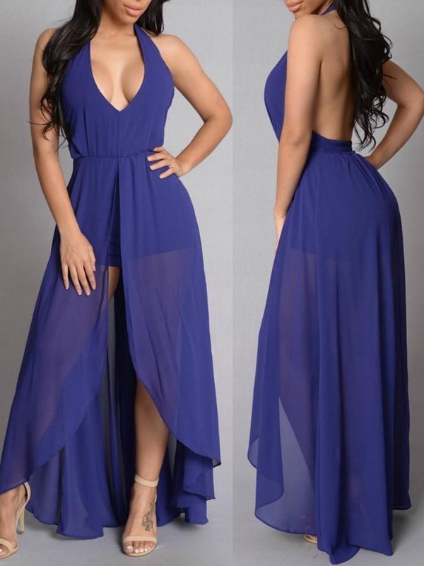 Vestido largo sin mangas atractivo de la gasa del Clubwear sin mangas de las mujeres del cuello en v profundo de las mujeres